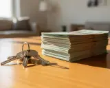 Un trousseau de clés et une pile de billets de banque, symbolisant le **chèque de caution** pour un nouveau logement.