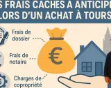 Illustration sur les frais cachés d'un achat immobilier à Tours : frais de dossier, notaire, et charges de copropriété. Un homme joyeux pointe vers une maison.