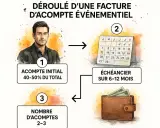 Schéma d'une facture avec un acompte initial de 40-50%, un échéancier sur 6-12 mois et 2-3 acomptes.