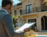 Agent immobilier évaluant la valeur locative d'un bien. Il tient un dossier devant une villa jaune.