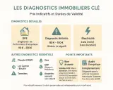 Tableau des diagnostics immobiliers : DPE, amiante, électricité, plomb (CREP), gaz, ERP, termites, assainissement. Prix indicatifs et durées de validité. Audit énergétique.