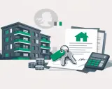 Immeuble, clés, contrat, calculatrice et pièces symbolisant le taux d'endettement pour un investissement locatif.