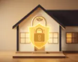 Maison sécurisée avec un cadenas doré sur un bouclier, symbolisant la protection et la confiance pour une lettre garant location.