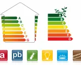 Étiquettes énergie pour diagnostics obligatoires vente. Icônes : 'a', plomb, termite, ampoule, gaz, mètre.
