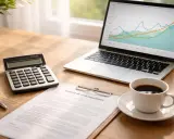 Bureau avec calculatrice, contrat, tasse de café et ordinateur affichant des graphiques. Idéal pour planifier comment emprunter 120 000 euros sur 20 ans.