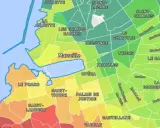 Carte des quartiers de Marseille, avec des couleurs indiquant des zones. La Joliette et Les Grands Carmes semblent être le meilleur quartier marseille.