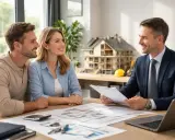 Couple souriant discutant avec un conseiller financier devant une maquette de maison. Ils s'informent sur le délai entre acceptation offre de prêt et déblocage des fonds.