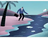 Un homme d'affaires avec une mallette hésite à traverser une rivière, symbolisant les défis de la résidence de tourisme fiscalité.