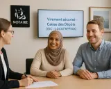 Un couple discute avec un notaire. Le notaire explique à quoi sert son rôle, notamment pour sécuriser des transactions.