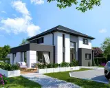 Maison moderne blanche et grise avec terrasse, jardin et allée. Idéal pour estimer le prix construction maison.