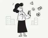 Femme perplexe devant son téléphone, entourée d'icônes : argent, carte, croix, alerte. Elle semble gérer une assignation au tribunal pour loyers impayés.