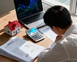 Un homme examine des documents de contrat de prêt immobilier, une calculatrice et un modèle de maison sur son bureau.