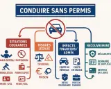 Infographie sur les risques de conduire sans permis : situations courantes, risques légaux, impacts financiers et recouvrement. Pas de permis, pas de préau !