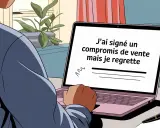 Un homme regarde son ordinateur portable affichant "J'ai signé un compromis de vente mais je regrette". Il semble avoir des remords.