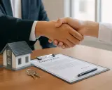 Poignée de main sur un contrat, avec une maquette de maison et des clés. Accord pour louer sa résidence principale.