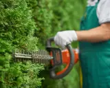 Taille d'une haie avec un taille-haie. Idéal pour l'entretien de votre jardin, même pour une résidence secondaire. Pensez au crédit d'impôt entretien jardin.