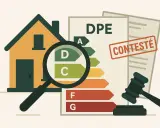 Maison sous loupe, DPE contesté par le bailleur. Un marteau de juge symbolise le litige.