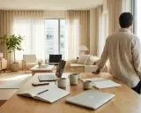 Un homme regarde par la fenêtre d'un appartement lumineux. Sur la table, des ordinateurs portables et des carnets suggèrent la signature d'un pap contrat de location meublé.