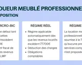 Schéma comparatif des régimes fiscaux pour un loueur en meublé professionnel : Micro-BIC, Réel et TVA.