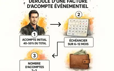 Schéma d'une facture avec un acompte initial de 40-50%, un échéancier sur 6-12 mois et 2-3 acomptes.