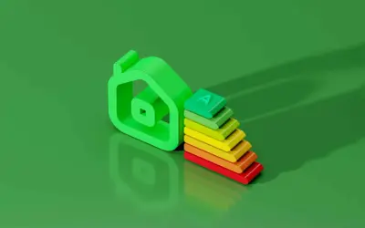 Icône de maison verte à côté d'une échelle d'efficacité énergétique. L'augmentation de loyer sans DPE est une préoccupation.