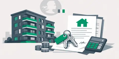 Immeuble, clés, contrat, calculatrice et pièces symbolisant le taux d'endettement pour un investissement locatif.