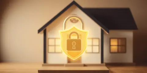 Maison sécurisée avec un cadenas doré sur un bouclier, symbolisant la protection et la confiance pour une lettre garant location.