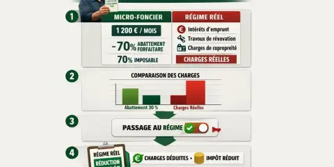 Comparaison entre micro foncier et régime réel. Le régime réel permet une réduction d'impôt grâce aux charges déduites.