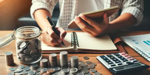 Une personne compte des pièces dans une tirelire, calculant un prêt de 60 000 euros.