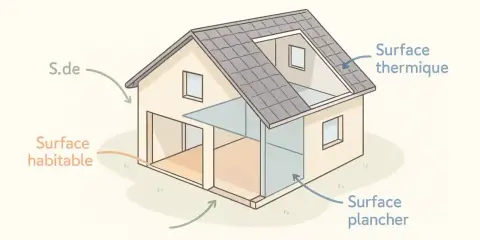 Schéma RE 2020 : la surface habitable d'une maison est délimitée.