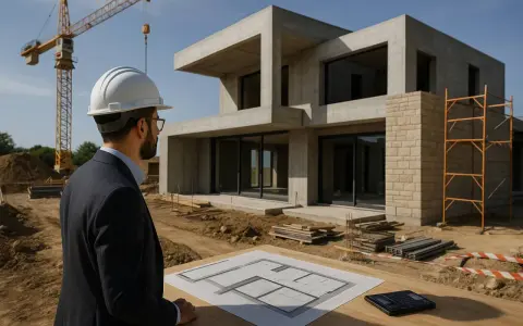 Un maître d'œuvre supervise la construction d'une maison moderne en béton, avec un plan sur la table.