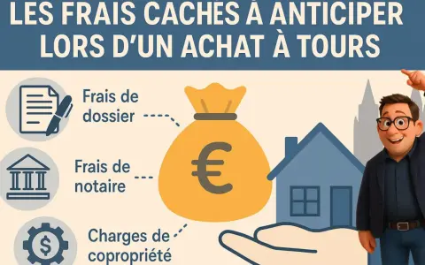Illustration sur les frais cachés d'un achat immobilier à Tours : frais de dossier, notaire, et charges de copropriété. Un homme joyeux pointe vers une maison.