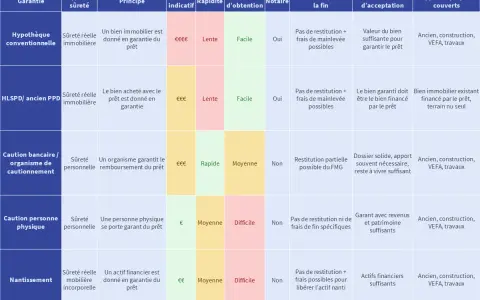 Tableau comparatif des garanties de prêt immobilier : hypothèque, caution, nantissement. Détaille la restitution des frais de garantie.