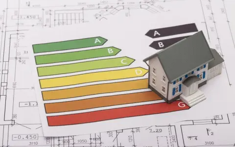 Maquette de maison ancienne sur des plans, avec un barème DPE. Le prix d'une maison ancienne dépend de sa performance énergétique.