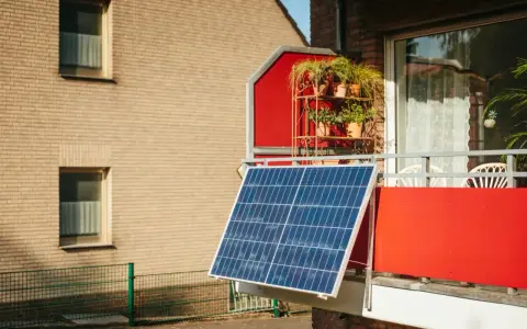 Panneau solaire sur un balcon rouge, peut-être pour contester une augmentation de loyer liée au DPE.