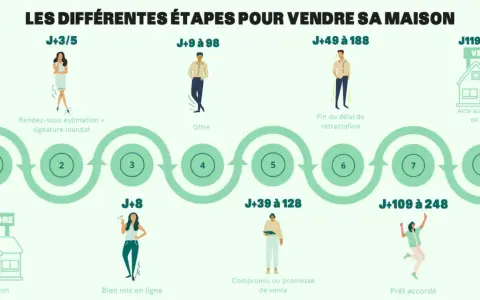 Le schéma illustre les étapes pour vendre une maison, de l'estimation à la vente finale. Il montre combien de temps pour vendre une maison peut varier, de quelques jours à plusieurs mois.