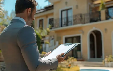 Agent immobilier évaluant la valeur locative d'un bien. Il tient un dossier devant une villa jaune.
