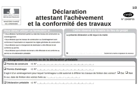 Formulaire Cerfa pour une déclaration attestant l'achèvement et la conformité des travaux d'une maison.