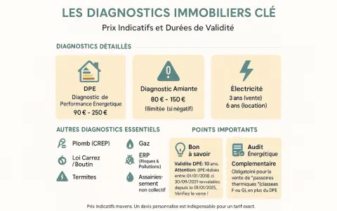 Tableau des diagnostics immobiliers : DPE, amiante, électricité, plomb (CREP), gaz, ERP, termites, assainissement. Prix indicatifs et durées de validité. Audit énergétique.