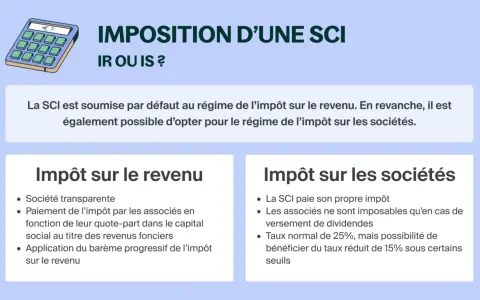 Calculatrice et texte sur l'imposition d'une SCI (IR ou IS). La SCI peut opter pour l'impôt sur les sociétés, optimisant la plus value immobiliere sci.