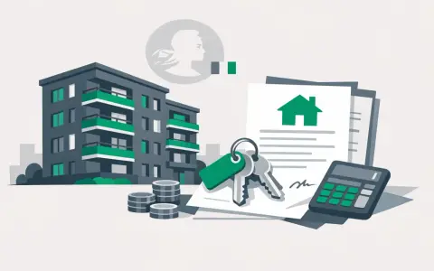 Immeuble, clés, contrat, calculatrice et pièces symbolisant le taux d'endettement pour un investissement locatif.