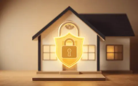 Maison sécurisée avec un cadenas doré sur un bouclier, symbolisant la protection et la confiance pour une lettre garant location.