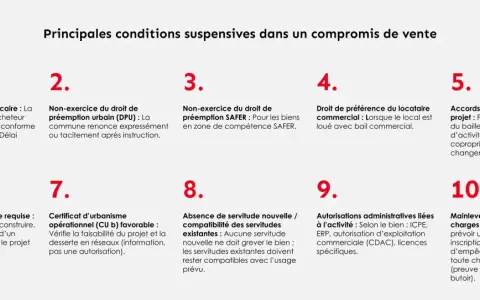 Liste des principales conditions suspensives dans un compromis de vente : obtention de prêt, non-exercice du droit de préemption, accord de tiers, etc.