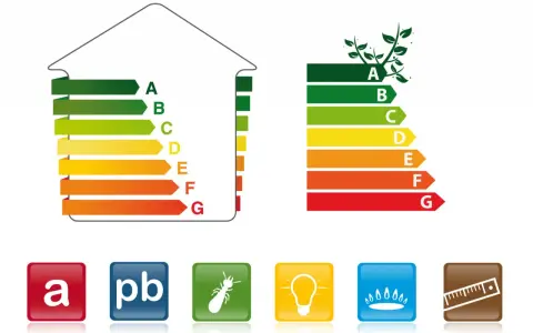 Étiquettes énergie pour diagnostics obligatoires vente. Icônes : 'a', plomb, termite, ampoule, gaz, mètre.