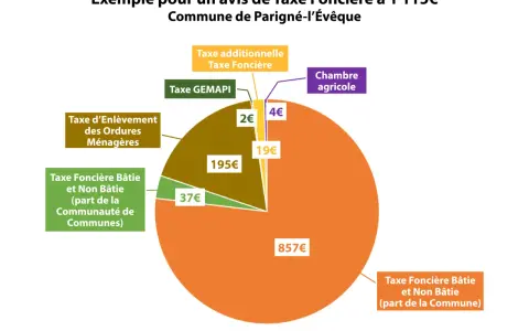 Répartition de la taxe foncière (1115€) : 857€ (part commune), 195€ (ordures), 37€ (communauté), 19€, 4€ (agricole), 2€. L'exonération taxe foncière primo accédant n'est pas visible ici.