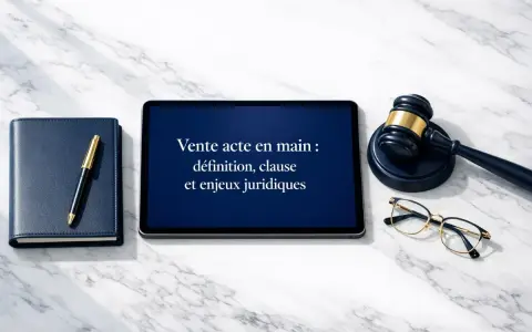Tablette affichant "Vente acte en main : définition, clause et enjeux juridiques", à côté d'un carnet, d'un stylo, d'un maillet et de lunettes.