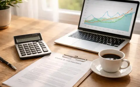 Bureau avec calculatrice, contrat, tasse de café et ordinateur affichant des graphiques. Idéal pour planifier comment emprunter 120 000 euros sur 20 ans.