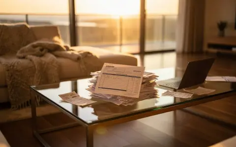 Pile de factures sur une table basse en verre, devant un canapé et de grandes fenêtres baignées de soleil. La scène évoque une résidence principale non habitée, peut-être en attente de gestion.