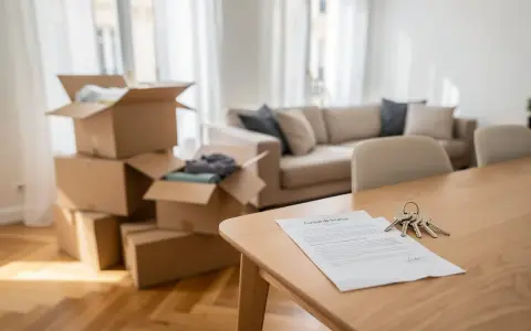 Clés et contrat de location sur une table en bois, cartons de déménagement empilés. Un nouveau départ dans une zone tendue.