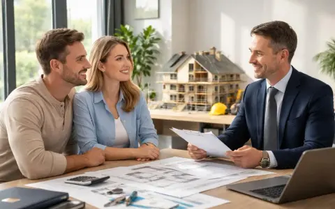 Couple souriant discutant avec un conseiller financier devant une maquette de maison. Ils s'informent sur le délai entre acceptation offre de prêt et déblocage des fonds.